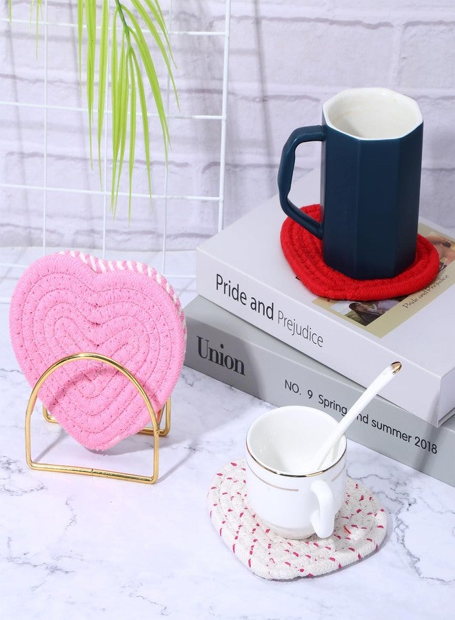 YONHTUTU Pink Heart Coasters Set of 4, Handmade Braided Cotton Cute Coasters with Holder, Valentines Drink Accessories for Home Restaurant Tea Coffee Bar Decoration Stocking Stuffers - Image 2